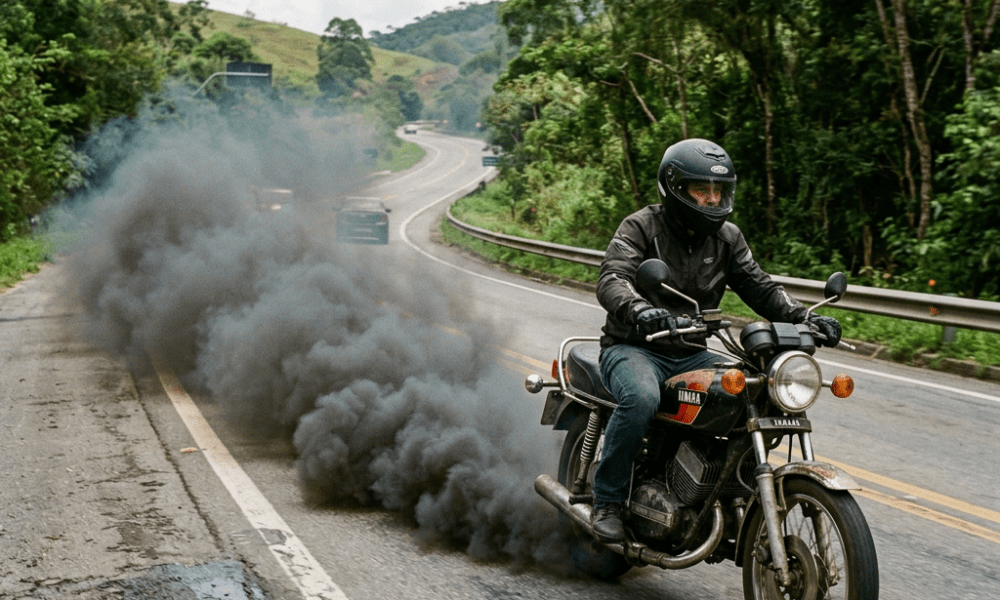 Motorcycle riding on road producing heavy black smoke from exhaust