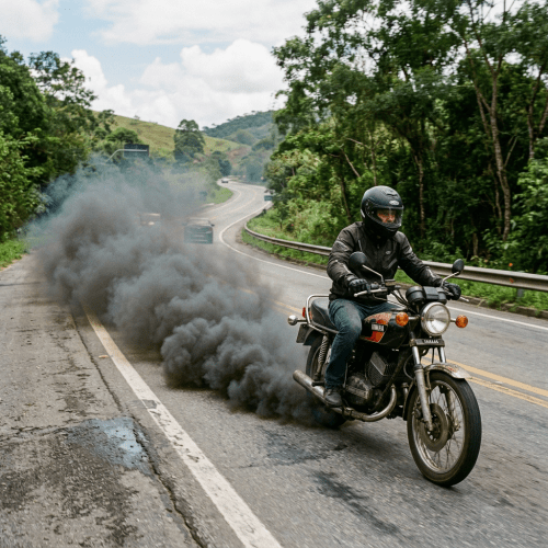 Motorcycle riding on road producing heavy black smoke from exhaust