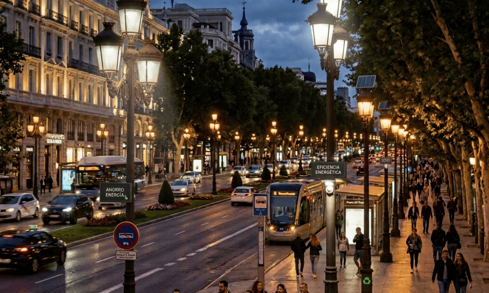 Historic boulevard with glowing lamps, traffic, buses, and pedestrians at dusk