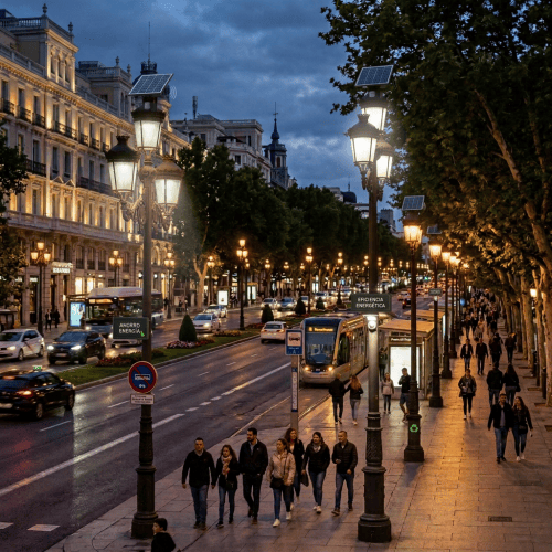 Historic boulevard with glowing lamps, traffic, buses, and pedestrians at dusk
